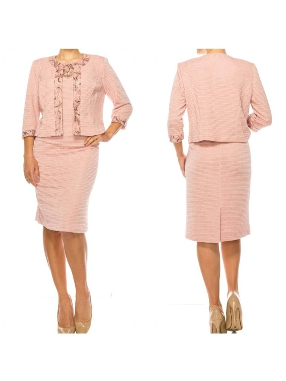 Maya Brooke Two Piece Dress Suit Women 8 Rose Gold Textured Sheath Sequins Lace